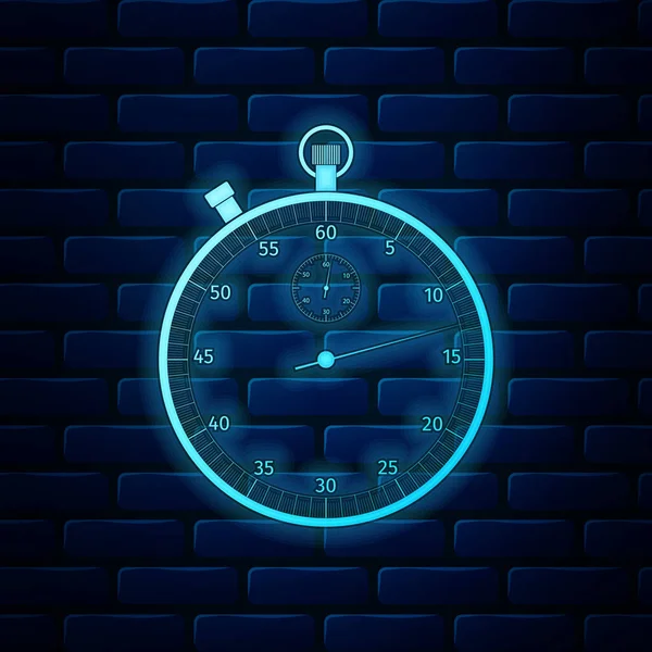 Glödande neon Klassisk stoppur ikon isolerad på tegel vägg bakgrund. Timerikonen. Kronometertecken. Vektor Illustration — Stock vektor