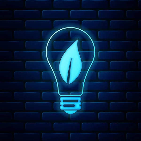 Leuchtende Neon-Glühbirne mit Blatt-Symbol isoliert auf Backsteinwand Hintergrund. Ökoenergiekonzept. Vektorillustration — Stockvektor