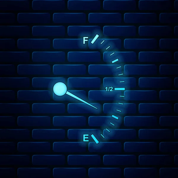 Gloeiende neon Motor gas gauge pictogram geïsoleerd op baksteen muur achtergrond. Lege brandstofmeter. Volledige tankindicatie. Vector Illustratie — Stockvector