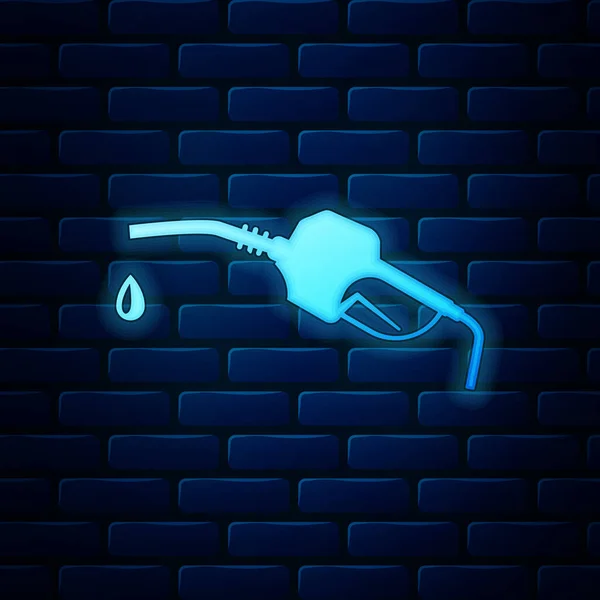 Glödande neon bensin pump munstycke ikon isolerad på tegel vägg bakgrund. Bränslepumpens bensinstation. Bränsletjänstskylt. Ikonen på bensinstationen. Vektor Illustration — Stock vektor