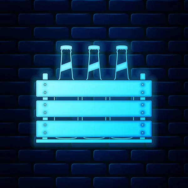 发光的霓虹灯包啤酒瓶图标孤立在砖墙背景。木箱和啤酒瓶。箱箱啤酒盒标志。矢量插图 — 图库矢量图片