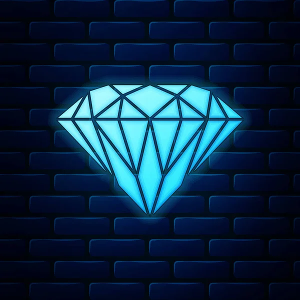 Brillante icona al neon Diamond isolato su sfondo muro di mattoni. Simbolo di gioielli. Pietra preziosa. Illustrazione vettoriale — Vettoriale Stock