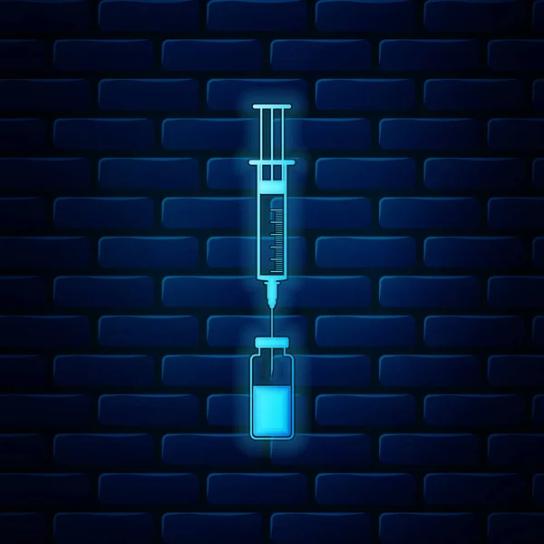 Glödande Neon medicinsk spruta med nål och flaska eller ampullen ikon isolerad på tegel vägg bakgrund. Vaccination, injektion, vaccin, insulin koncept. Vektor illustration — Stock vektor