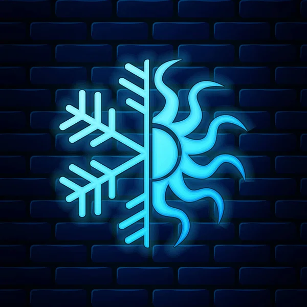 Glowing neon Hot and cold symbol. Sun and snowflake icon isolated on brick wall background. Winter and summer symbol. Vector Illustration — Stock Vector