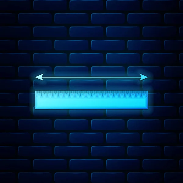 Glowing neon The measuring height and length icon isolated on brick wall background. Ruler, straightedge, scale symbol. Vector Illustration — Stock Vector