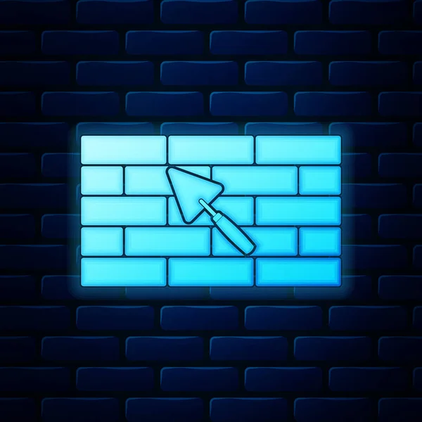 Brillante parete di mattoni al neon con icona spatola isolata su sfondo muro di mattoni. Illustrazione vettoriale — Vettoriale Stock