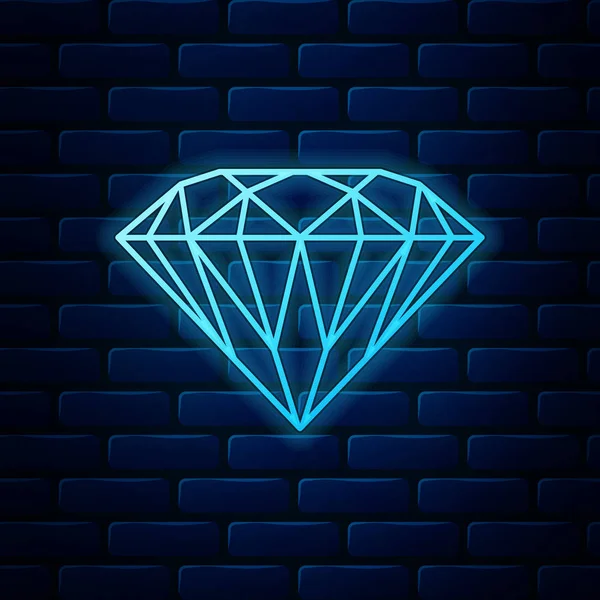 Gloeiende neon diamant pictogram geïsoleerd op bakstenen muur achtergrond. Sieraden symbool. Gem steen. Vector illustratie — Stockvector