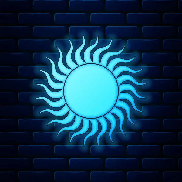 Иконка светящегося неонового солнца изолирована на фоне кирпичной стены. Векторная миграция — стоковый вектор
