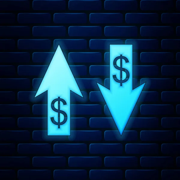 Frecce luminose al neon su e giù con icona simbolo dollaro isolato su sfondo muro di mattoni. Concetto aziendale. Illustrazione vettoriale — Vettoriale Stock