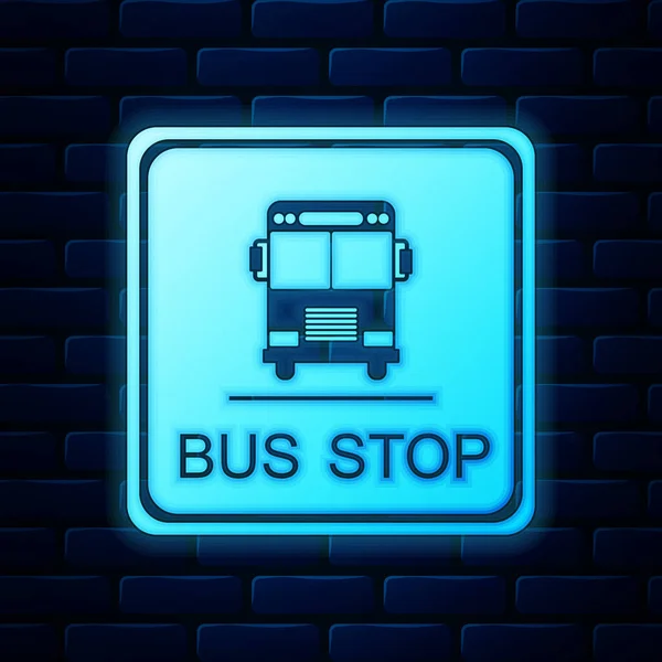 Сяюча піктограма зупинки неонового автобуса ізольована на фоні цегляної стіни. Векторна ілюстрація — стоковий вектор