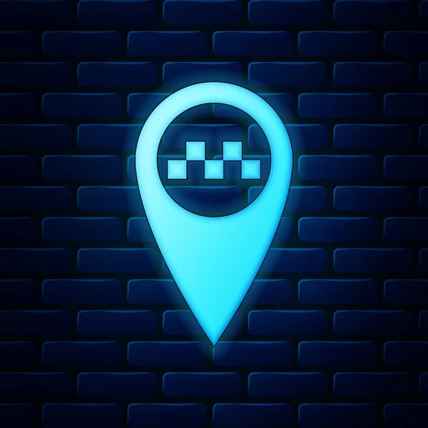 Ponteiro de mapa de néon brilhante com ícone de táxi isolado no fundo da parede de tijolo. Ilustração vetorial — Vetor de Stock