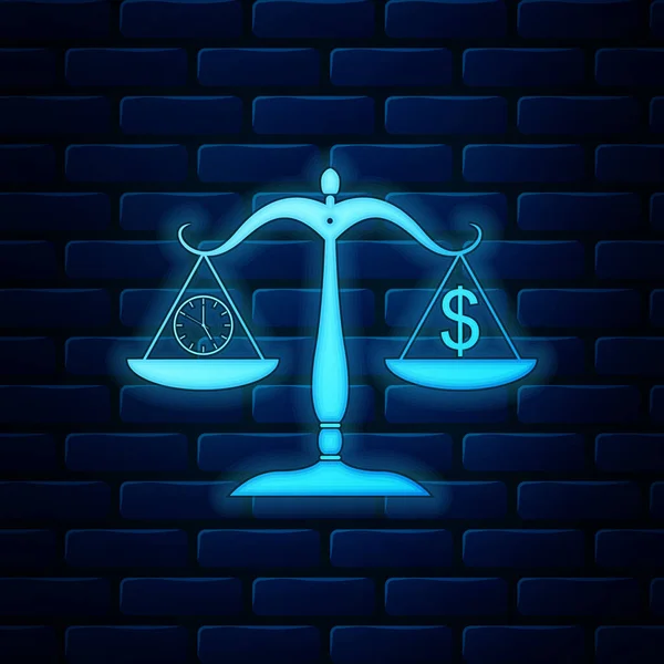 Glowing neon Scale weighing money and time icon isolated on brick wall background. Scales with hours and a coin. Balance between work and the given time. Vector Illustration — 스톡 벡터