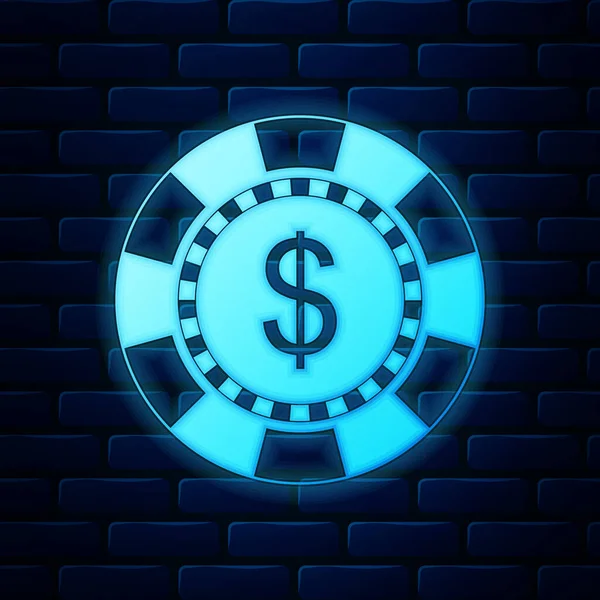 Świecący neon Kasyno chip i symbol dolara ikona izolowane na tle cegły ściany. Ilustracja wektora — Wektor stockowy