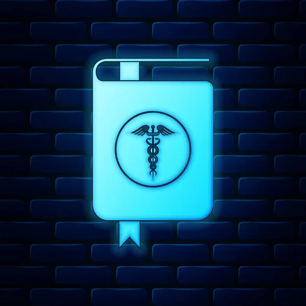 Brilhante neon Livro médico e ícone símbolo médico Caduceus isolado no fundo da parede de tijolo. Livro de referência médica, livro didático, enciclopédia. Literatura científica. Ilustração vetorial — Vetor de Stock