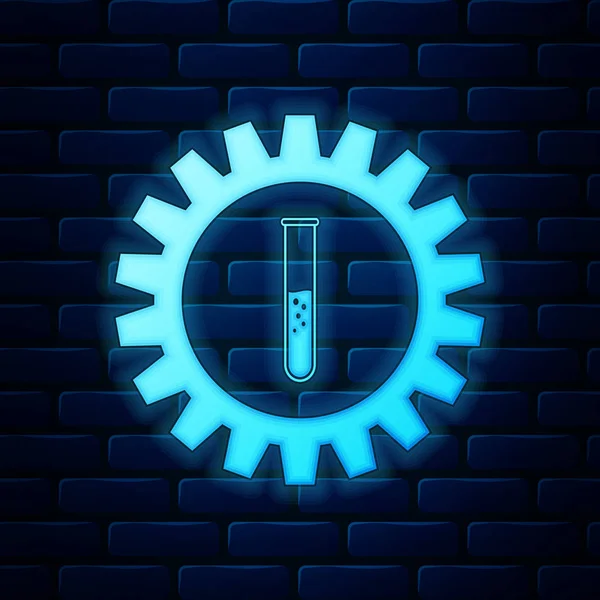 Lumineux néon Engrenage et tube à essai icône isolé sur fond de mur de briques. Roue dentée et panneau de fiole. Expérimenter laboratoire verre chimique symbole de recherche. Illustration vectorielle — Image vectorielle