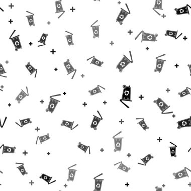 Geri dönüşüm sembolü simgesi olan siyah geri dönüşüm kutusu beyaz arkaplanda izole edilmiş dikişsiz desen. Çöp kutusu simgesi. Çöp kutusu tabelası. Sepet simgesini geri dönüştür. Vektör İllüstrasyonu