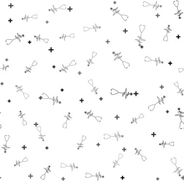 Siyah steteskop ve kalp atışı ikonu beyaz arka planda izole edilmiş pürüzsüz desen. Tıbbi konsept. Nabız bakımı sembolü. Vektör İllüstrasyonu