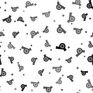 Siyah otomotiv turbo şarj ikonu beyaz arka planda izole edilmiş kusursuz desen. Araç performans turbo simgesi. Araba turbo-şarj tabelası. Turbo kompresör indüksiyon sembolü. Vektör İllüstrasyonu