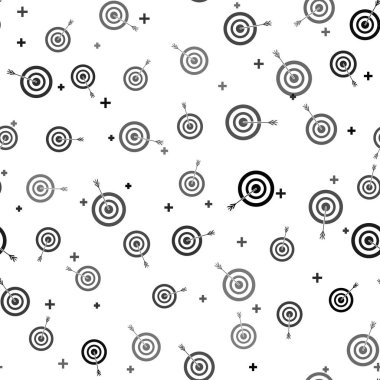 Ok simgesi beyaz arka plan üzerinde sorunsuz desen izole ile Siyah Hedef. Dart tahtası tabelası. Okçuluk tahtası simgesi. Dart tahtası işareti. İş hedefi kavramı. Vektör İllüstrasyonu