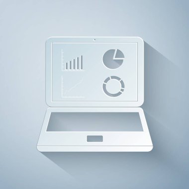Gri arkaplanda grafik grafik simgesi olan kağıt kesimi Laptop. Metin dosya simgesini rapor et. Muhasebe tabelası. Denetim, analiz, planlama. Kağıt sanatı tarzı. Vektör İllüstrasyonu