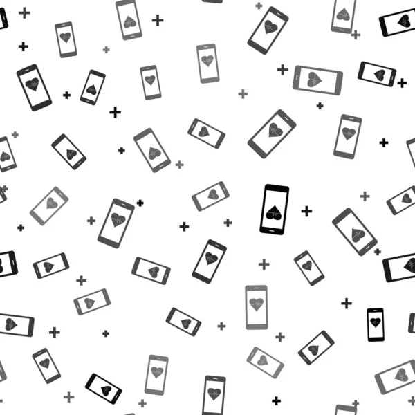 Svart smartphone med pulsmätare funktion ikon isolerade sömlösa mönster på vit bakgrund. Vektor illustration — Stock vektor