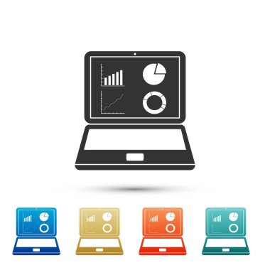 Beyaz arkaplanda grafik grafik simgesi olan siyah dizüstü bilgisayar. Metin dosya simgesini rapor et. Muhasebe tabelası. Denetim, analiz, planlama. Renk ayarlı simgeler. Vektör İllüstrasyonu