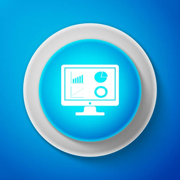 Fehér Számítógép monitor grafikon ikon elszigetelt kék háttér. Szöveges fájl ikon jelentése. Könyvelési jel. Ellenőrzés, elemzés, tervezés. Körkék gomb. Vektorillusztráció — Stock Vector