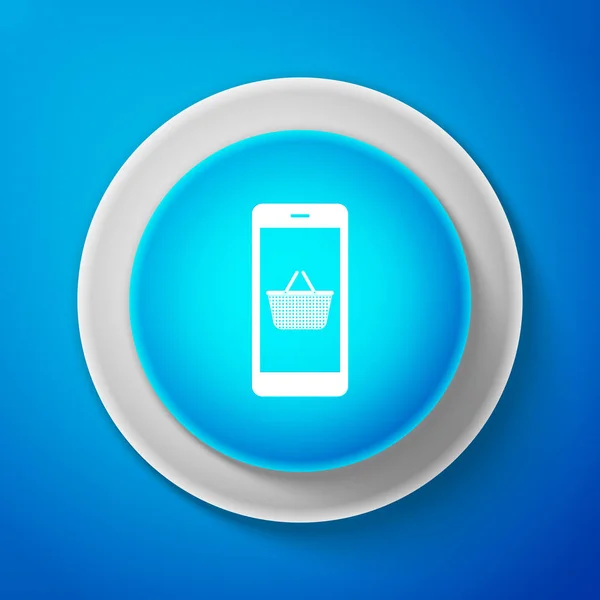 Білий мобільний телефон і торговий кошик ізольовані на синьому фоні. Інтернет купівельний символ. Символ супермаркету. Покрути синю кнопку. Векторний приклад — стоковий вектор