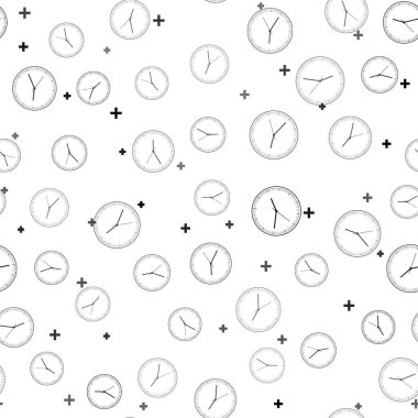 Siyah Saat simgesi beyaz arkaplanda izole edilmiş kusursuz desen. Zaman simgesi. Vektör İllüstrasyonu