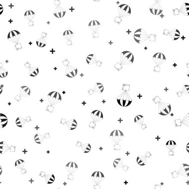 Paraşüt ikonu üzerinde uçan kara kutu beyaz arka planda izole edilmiş kusursuz desen. Nakliye için paraşütlü paket. Teslimat hizmeti, hava taşımacılığı konsepti, bonus konsept. Vektör İllüstrasyonu