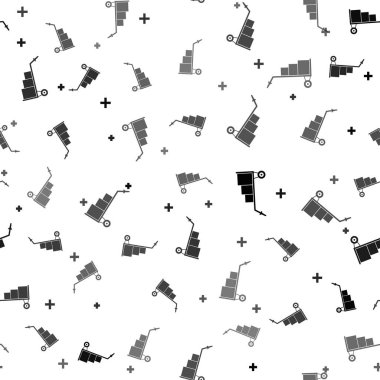 Siyah El kamyon ve kutular simgesi beyaz arka plan üzerinde sorunsuz desen izole. Dolly sembolü. Vektör İllüstrasyonu