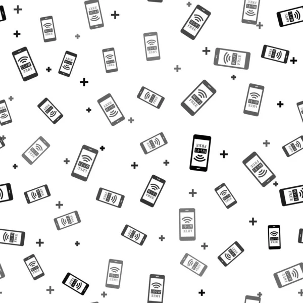 Svart Smartphone med gratis Wi-Fi trådlös anslutning ikon isolerad sömlös mönster på vit bakgrund. Trådlös teknik, wi-fi-anslutning, trådlöst nätverk, hotspot-koncept. Vektor Illustration — Stock vektor