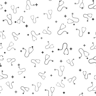 Siyah steteskop tıbbi alet ikonu beyaz arka planda izole edilmiş pürüzsüz desen. Vektör İllüstrasyonu