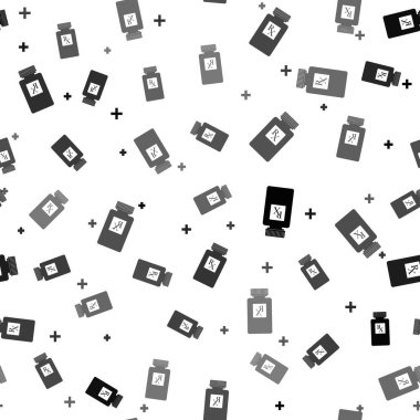 RX işaretli siyah hap şişesi ve beyaz arka planda izole edilmiş ikon haplar. Eczane tasarımı. İlaç şişesinde reçeteli ilaç sembolü olarak RX. Vektör İllüstrasyonu