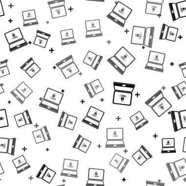 Siyah Laptop ile şifre bildirimi ve kilit simgesi beyaz arka plan üzerinde sorunsuz desen izole. Güvenlik kavramı, kişisel erişim, kullanıcı yetkilendirme, giriş formu. Vektör İllüstrasyonu