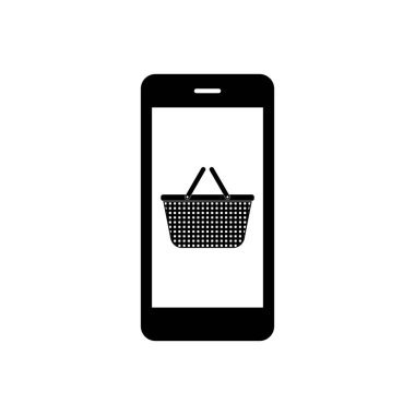 Siyah Cep telefonu ve alışveriş sepeti simgesi beyaz arka plan üzerinde izole. Online satın alma sembolü. Süpermarket sepeti sembolü. Vektör İllüstrasyonu