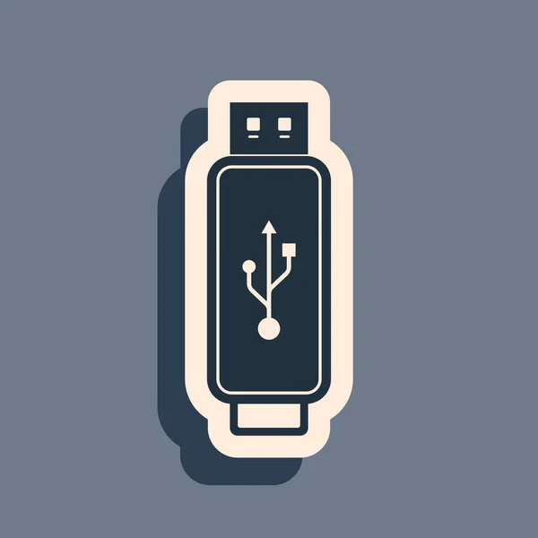 Icono de unidad flash USB negro aislado sobre fondo gris. Estilo de sombra larga. Ilustración vectorial — Archivo Imágenes Vectoriales