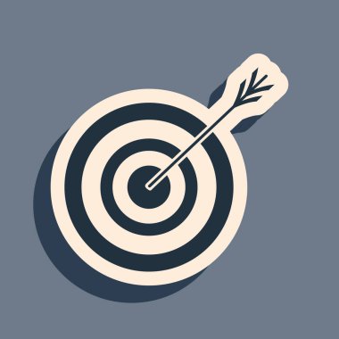 Gri arkaplanda ok simgesi olan siyah hedef. Dart tahtası işareti. Okçuluk tahtası simgesi. Dartboard işareti. İş hedefi kavramı. Uzun gölge tarzı. Vektör İllüstrasyonu