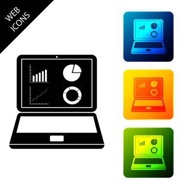 Beyaz arkaplanda grafik grafik simgesi olan siyah dizüstü bilgisayar. Metin dosya simgesini rapor et. Muhasebe tabelası. Denetim, analiz, planlama. Renkli kare düğmeleri ayarlayın. Vektör İllüstrasyonu