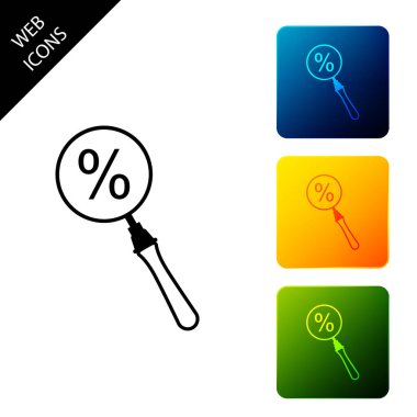 Beyaz arka planda yüzde yüz indirim simgesi olan siyah büyüteç. İndirimli aramalar. İndirim tabelasını ara. Renkli kare düğmeleri ayarlayın. Vektör İllüstrasyonu