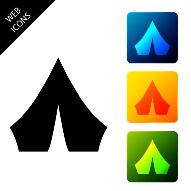 Siyah turist çadır simgesi beyaz arka planda izole. Kamp sembolü. Set simgeleri renkli kare düğmeler. Vektör Illustration