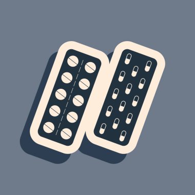 Gri arkaplanda siyah haplar ya da su toplayan kapsüller izole edilmiş. Tabletler paketlendi. İlaçlar, aksesuar eczaneler ve ilk yardım kitleri. Uzun gölge tarzı. Vektör İllüstrasyonu