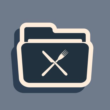 Gri arkaplanda siyah çatal ve bıçak var. Restoran sembolü. Uzun gölge tarzı. Vektör İllüstrasyonu