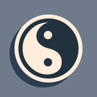 Siyah Yin Yang, gri arka planda izole edilmiş uyum ve denge sembolü. Uzun gölge tarzı. Vektör İllüstrasyonu