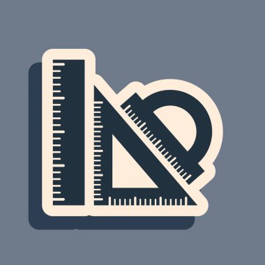 Siyah set cetvel, üçgen cetvel ve açıölçer simgesi gri arkaplanda izole edilmiş. Düz tabela. Üçgen işareti. Geometrik aletler. Uzun gölge tarzı. Vektör İllüstrasyonu