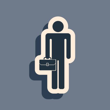 Gri arka planda evrak çantası ikonu olan siyah iş adamı izole edildi. Uzun gölge tarzı. Vektör İllüstrasyonu