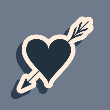 Gri arkaplanda kalp ve ok simgesi olan Kara Amour sembolü. Aşk işareti. Sevgililer Günü sembolü. Uzun gölge tarzı. Vektör İllüstrasyonu