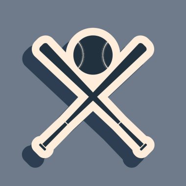 Gri arka planda siyah haçlı beyzbol sopaları ve top ikonu izole edildi. Uzun gölge tarzı. Vektör İllüstrasyonu