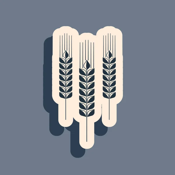 Ikona Černá Obiloviny s rýží, pšenicí, kukuřicí, ovsem, žitem, ikona ječmene izolovaná na šedém pozadí. Uši se symboly pšeničného chleba. Symbol pšenice. Dlouhý stínový styl. Vektorová ilustrace — Stockový vektor