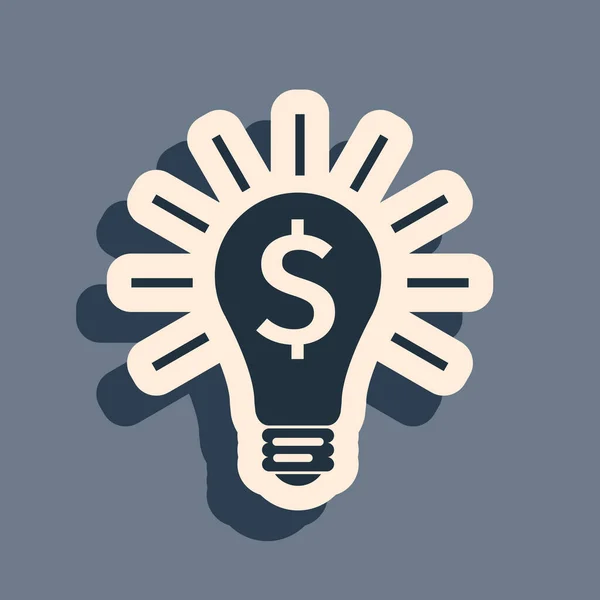 Black Light bulb with dollar symbol icon isolated on grey background. Money making ideas. Fintech innovation concept. Long shadow style. Vector Illustration — Stock Vector